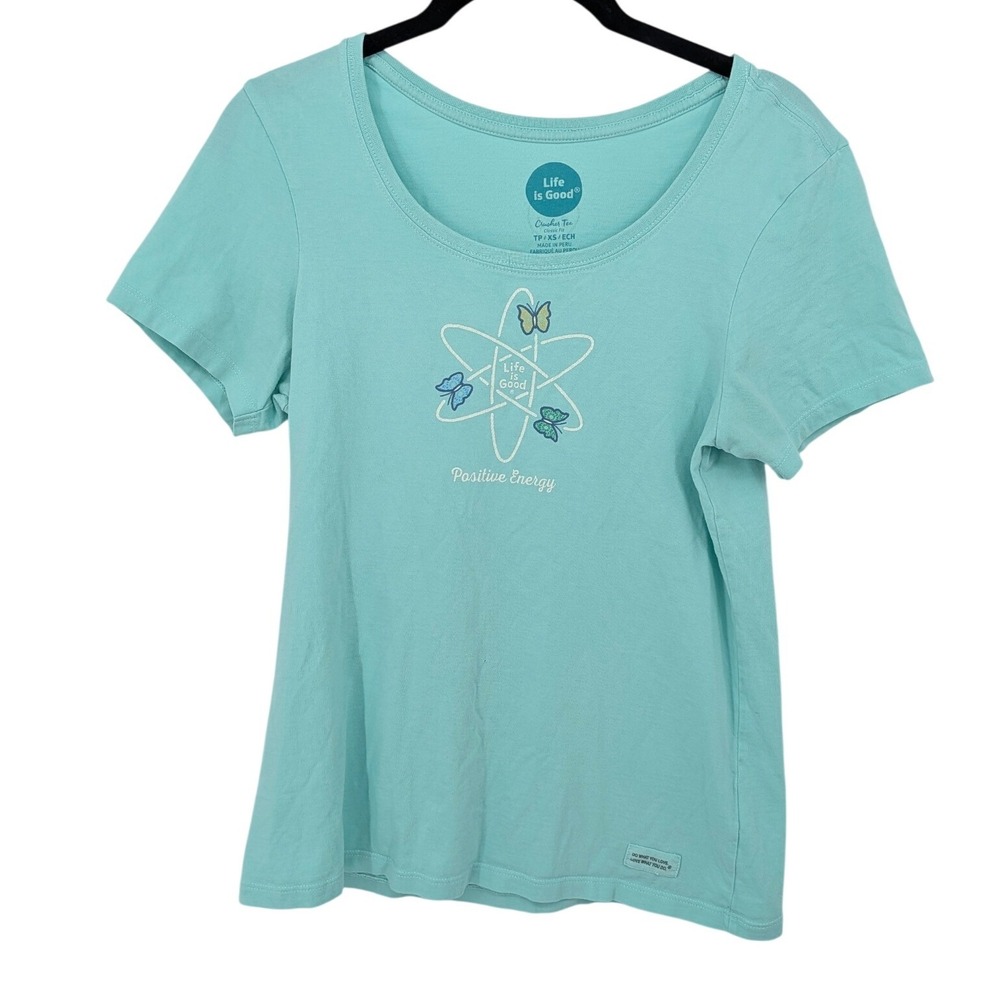 Life is Good Crusher Tee Women XS Aqua Positive Energy Butterfly Atom Graphic